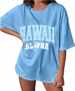 Hawaiian Shirt Women Oversized Hawaii State Aloha Graphic Letter Print T-Shirt Hibiscus Flower Casual Summer Beach Tee Top
