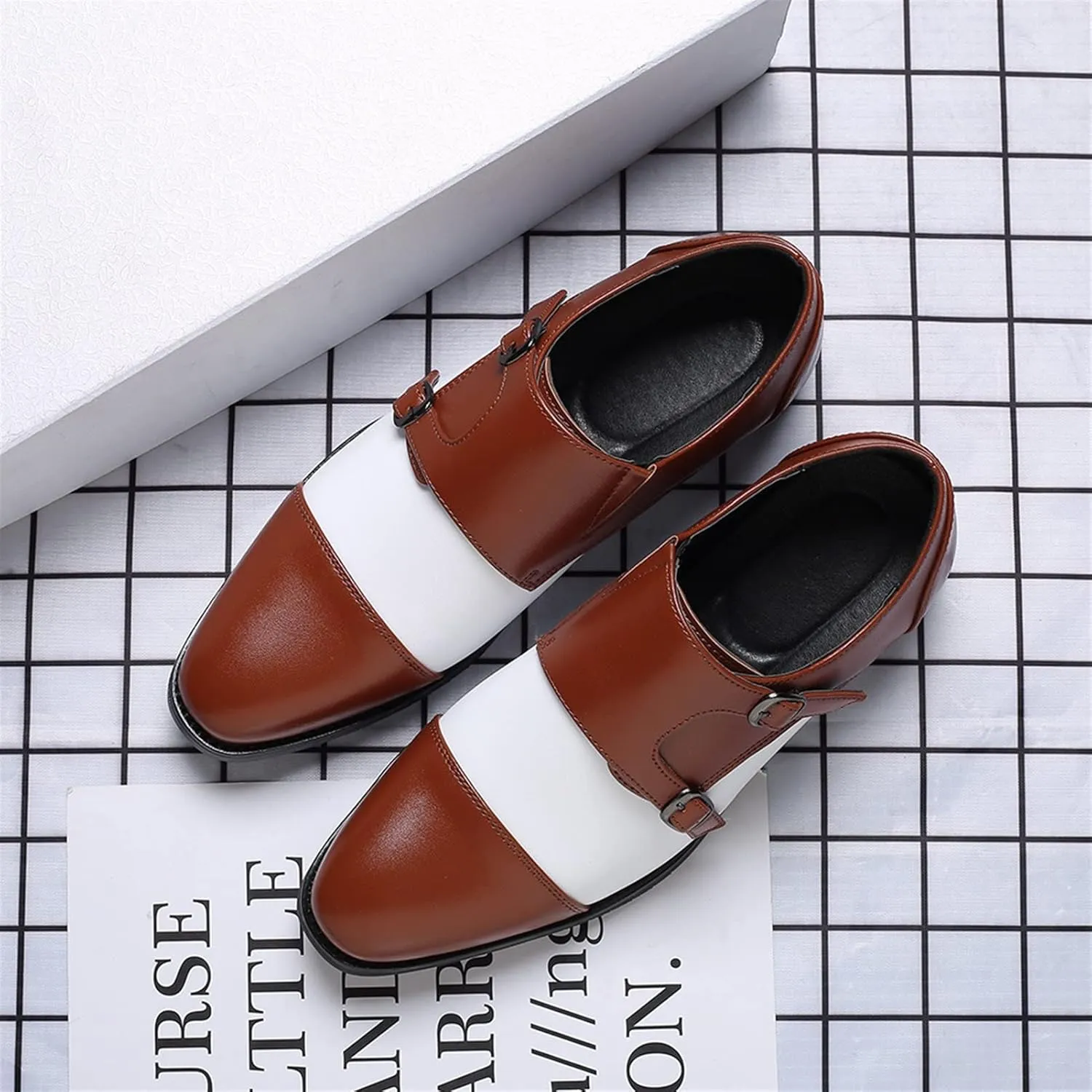 HOOENG Dress Shoes for Men Slip on Two Tone Double Monk Strap Black and White Cap Toe PU Leather Slip Resistant Anti-Slip Rubber Sole Non Slip Working