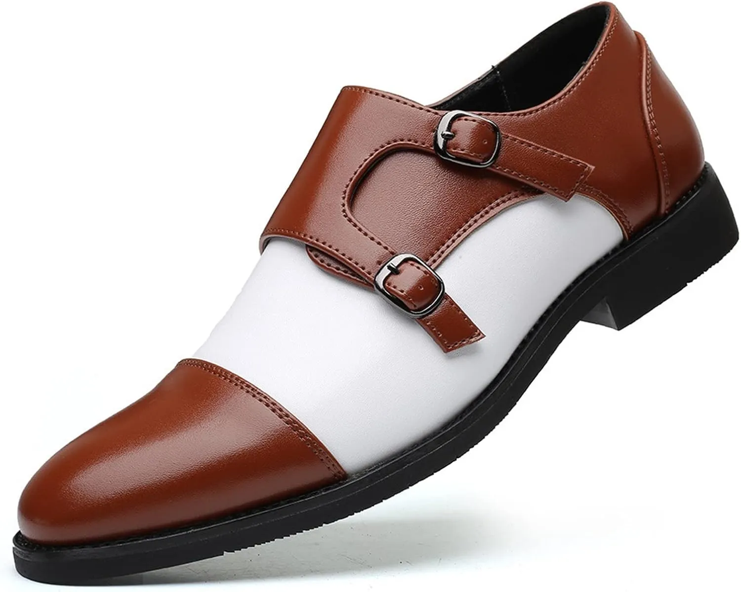 HOOENG Dress Shoes for Men Slip on Two Tone Double Monk Strap Black and White Cap Toe PU Leather Slip Resistant Anti-Slip Rubber Sole Non Slip Working