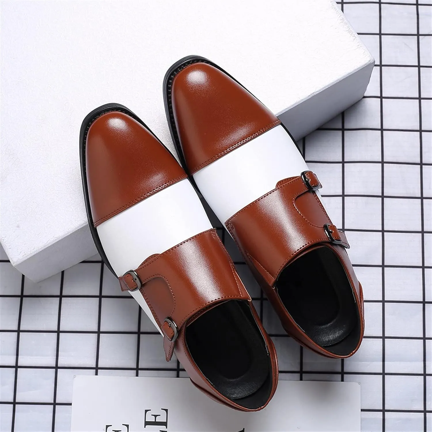 HOOENG Dress Shoes for Men Slip on Two Tone Double Monk Strap Black and White Cap Toe PU Leather Slip Resistant Anti-Slip Rubber Sole Non Slip Working