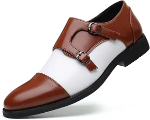 HOOENG Dress Shoes for Men Slip on Two Tone Double Monk Strap Black and White Cap Toe PU Leather Slip Resistant Anti-Slip Rubber Sole Non Slip Working