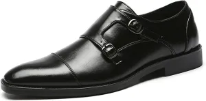 HOOENG Oxford Shoes for Men Slip on Monk Strap Cap Toe Black Burnished Toe PU Leather Anti-Slip Block Heel Rubber Sole Outdoor (Color : Black, Size : 7.5)