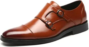HOOENG Oxford Shoes for Men Slip on Monk Strap Cap Toe Black Burnished Toe PU Leather Anti-Slip Block Heel Rubber Sole Outdoor (Color : Yellow, Size : 8.5)