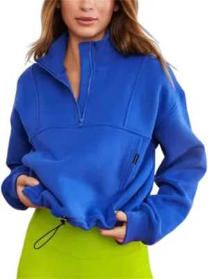 HOULENGS Women's Casual Half Zip Up Cropped Sweatshirts Long Sleeve Lapel Pullover Sweatshirts with Pockets