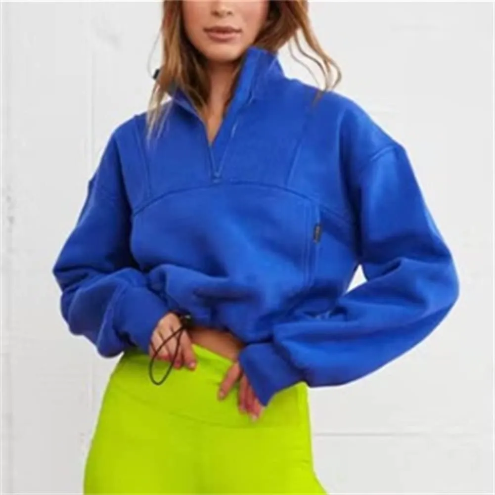 HOULENGS Women's Casual Half Zip Up Cropped Sweatshirts Long Sleeve Lapel Pullover Sweatshirts with Pockets