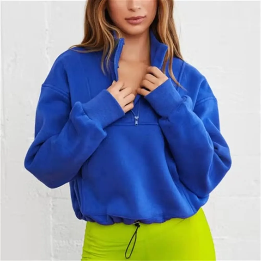 HOULENGS Women's Casual Half Zip Up Cropped Sweatshirts Long Sleeve Lapel Pullover Sweatshirts with Pockets