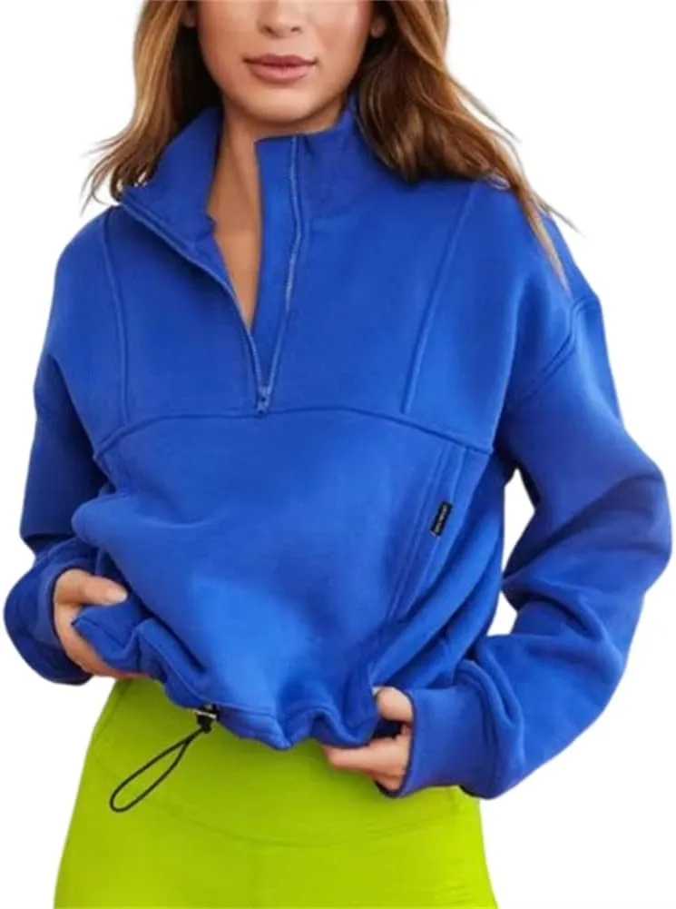 HOULENGS Women's Casual Half Zip Up Cropped Sweatshirts Long Sleeve Lapel Pullover Sweatshirts with Pockets