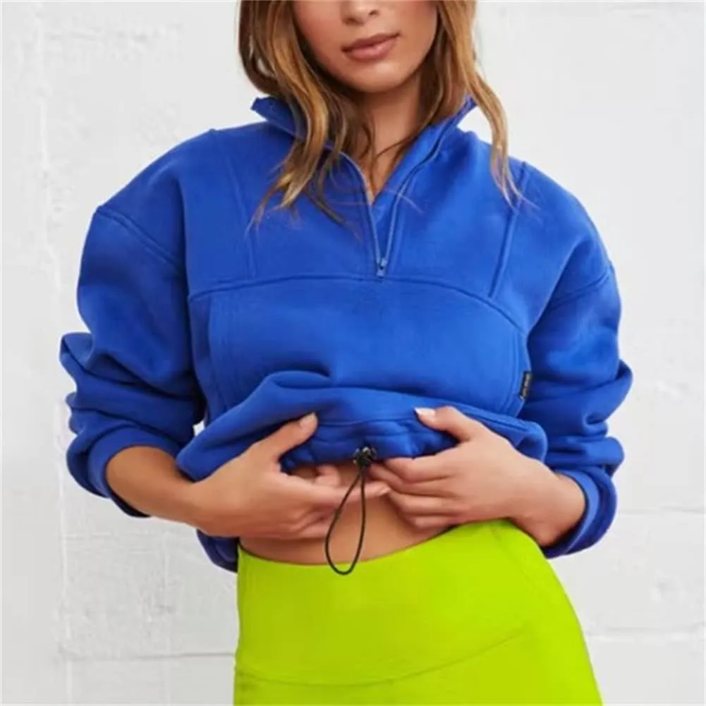 HOULENGS Women's Casual Half Zip Up Cropped Sweatshirts Long Sleeve Lapel Pullover Sweatshirts with Pockets
