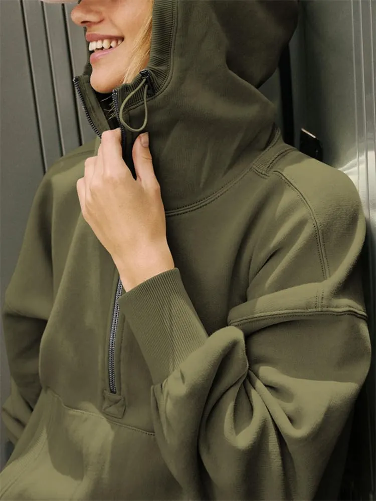 HOULENGS Women's Casual Half Zip Up Hooded Sweatshirt Long Sleeve Drawstring Pullover Sweatshirt with Pocket