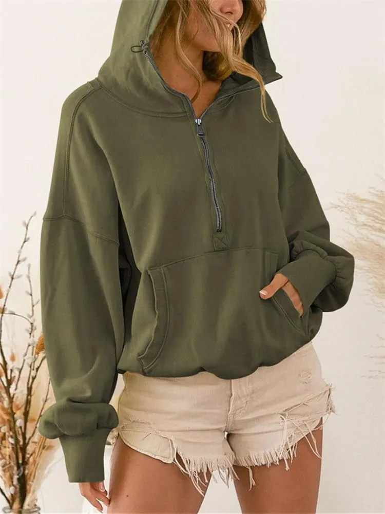 HOULENGS Women's Casual Half Zip Up Hooded Sweatshirt Long Sleeve Drawstring Pullover Sweatshirt with Pocket