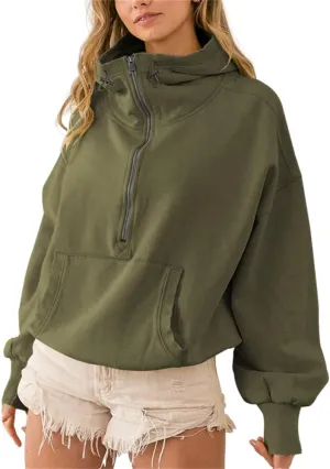 HOULENGS Women's Casual Half Zip Up Hooded Sweatshirt Long Sleeve Drawstring Pullover Sweatshirt with Pocket