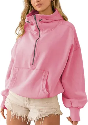 HOULENGS Women's Casual Half Zip Up Hooded Sweatshirt Long Sleeve Drawstring Pullover Sweatshirt with Pocket