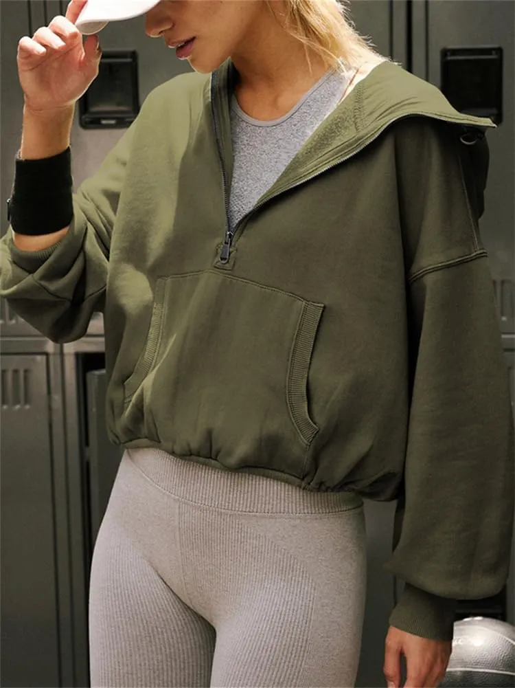 HOULENGS Women's Casual Half Zip Up Hooded Sweatshirt Long Sleeve Drawstring Pullover Sweatshirt with Pocket