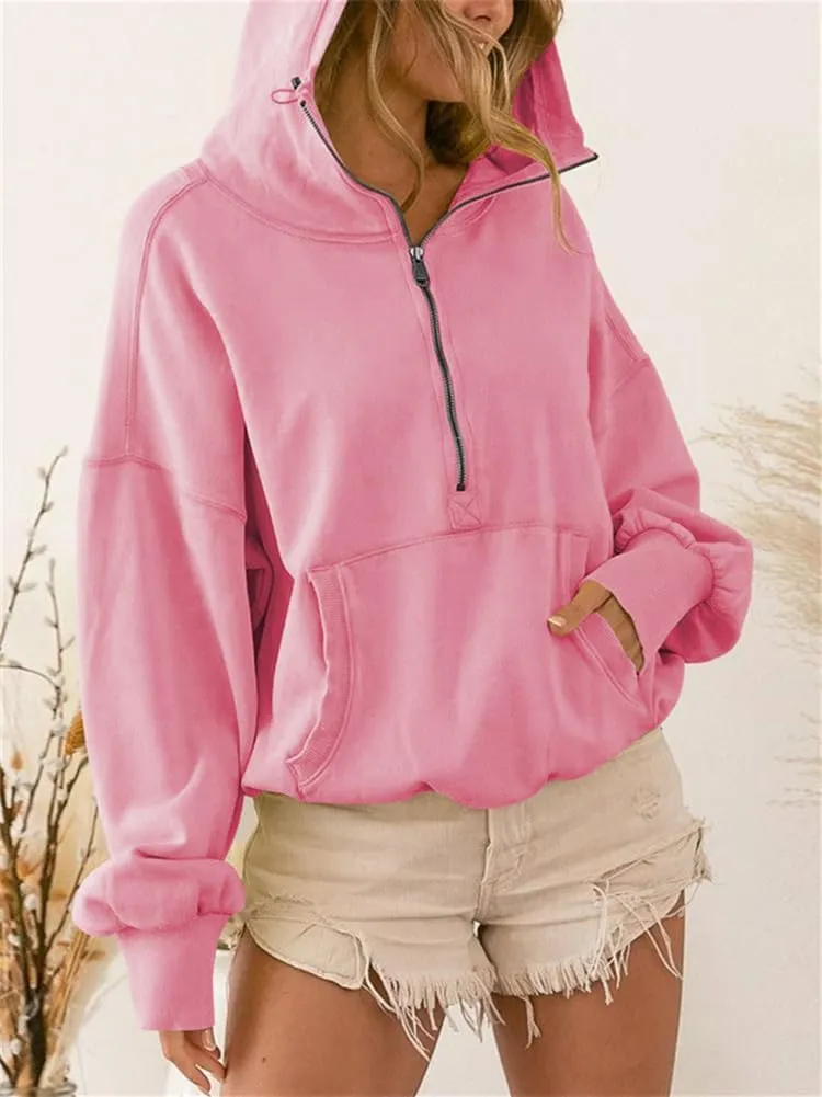 HOULENGS Women's Casual Half Zip Up Hooded Sweatshirt Long Sleeve Drawstring Pullover Sweatshirt with Pocket