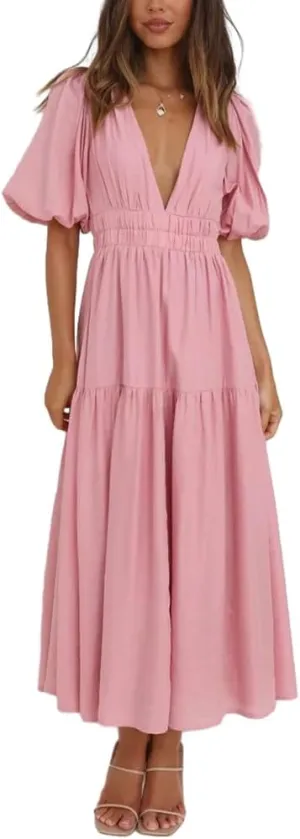 HOULENGS Women's Deep V Neck Puff Short Sleeve Tiered Dress Elastic High Waist Flowy A Line Midi Dresses