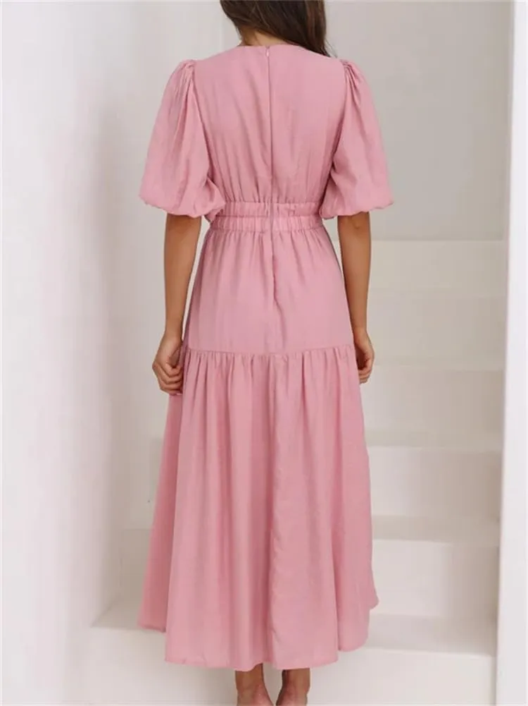 HOULENGS Women's Deep V Neck Puff Short Sleeve Tiered Dress Elastic High Waist Flowy A Line Midi Dresses