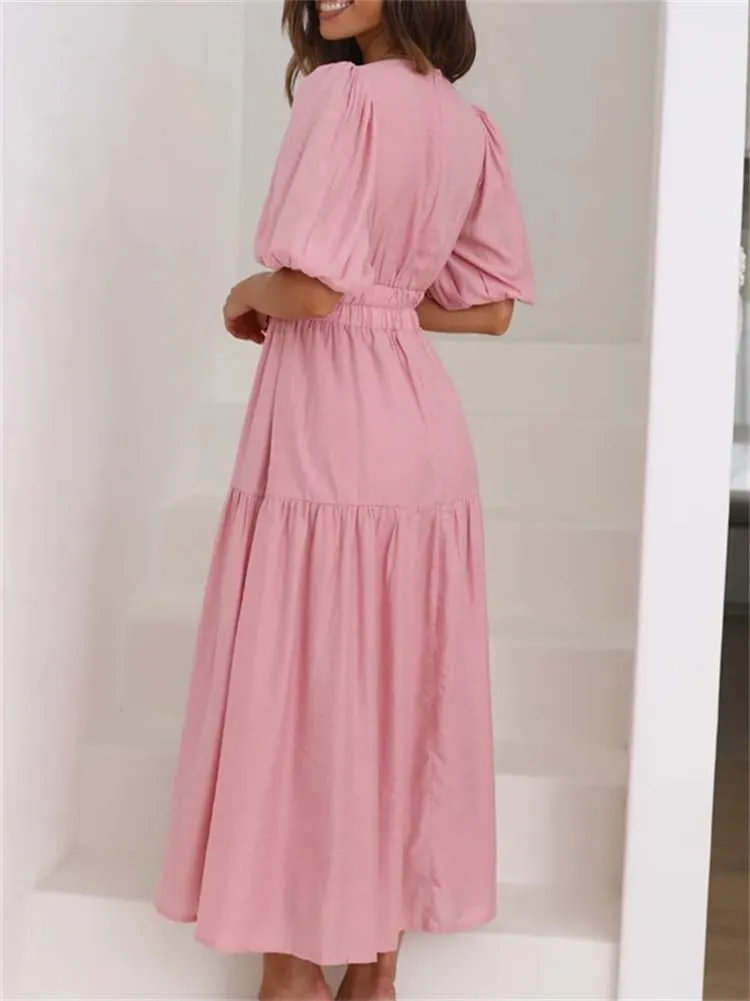 HOULENGS Women's Deep V Neck Puff Short Sleeve Tiered Dress Elastic High Waist Flowy A Line Midi Dresses