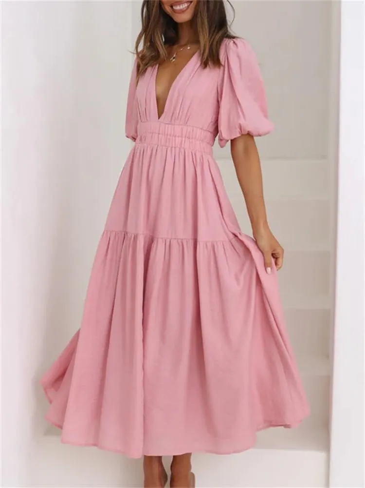 HOULENGS Women's Deep V Neck Puff Short Sleeve Tiered Dress Elastic High Waist Flowy A Line Midi Dresses