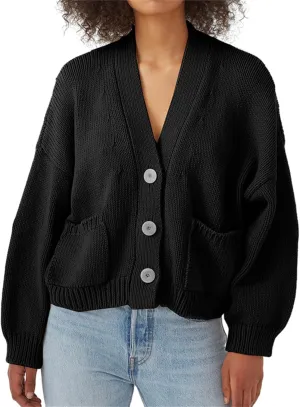 HOULENGS Women's Long Sleeve Chunky Knit Cardigan Sweater Button Down Sweater Outerwear with Pockets