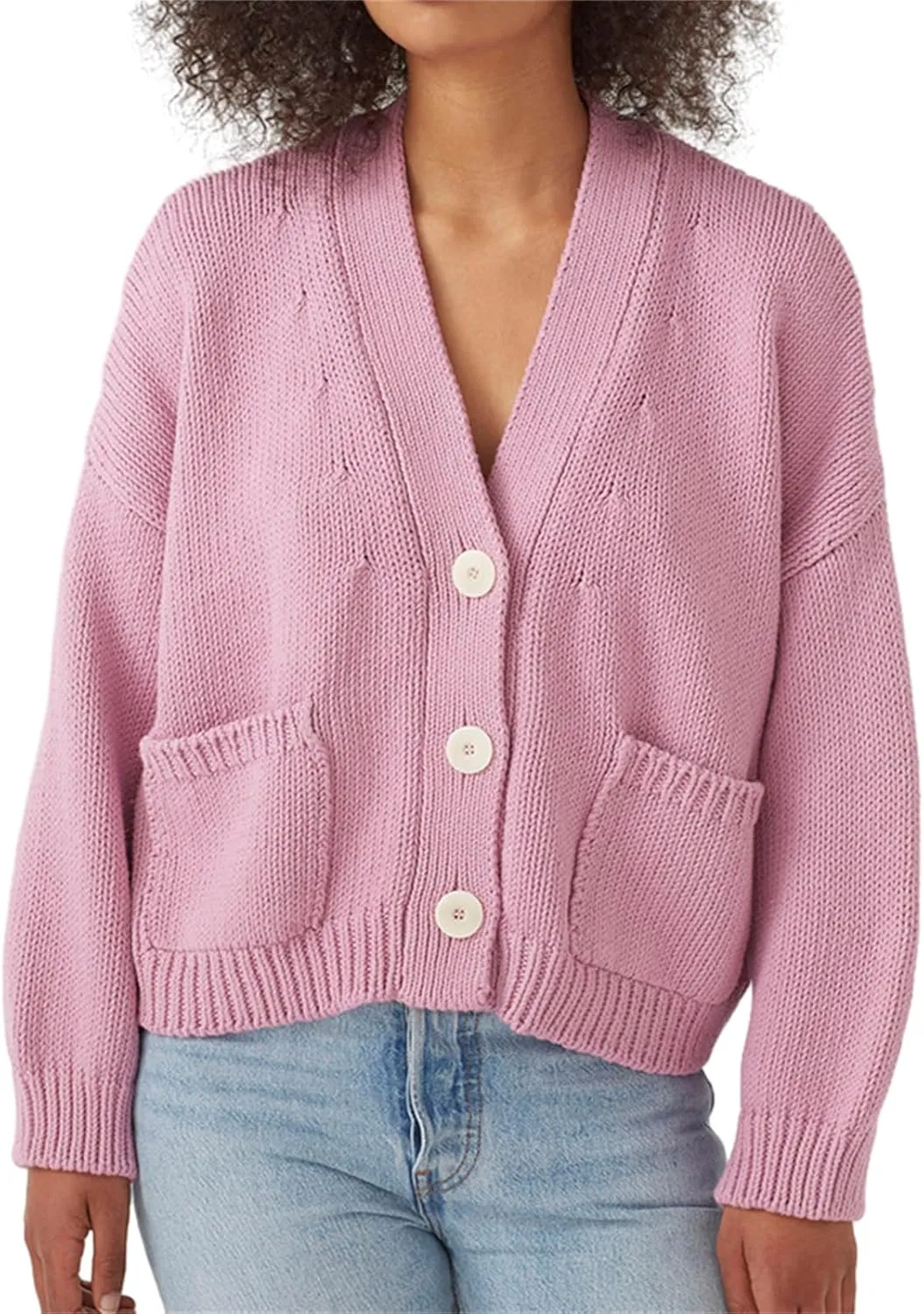 HOULENGS Women's Long Sleeve Chunky Knit Cardigan Sweater Button Down Sweater Outerwear with Pockets