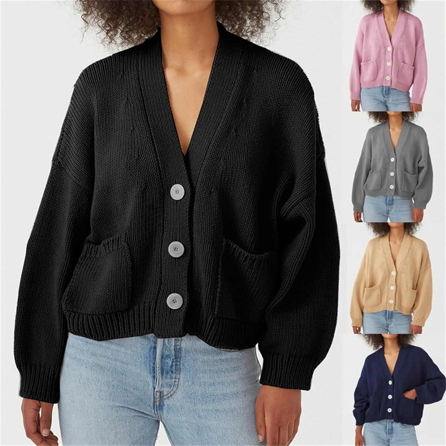 HOULENGS Women's Long Sleeve Chunky Knit Cardigan Sweater Button Down Sweater Outerwear with Pockets