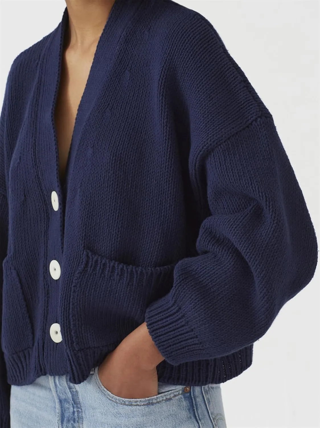 HOULENGS Women's Long Sleeve Chunky Knit Cardigan Sweater Button Down Sweater Outerwear with Pockets