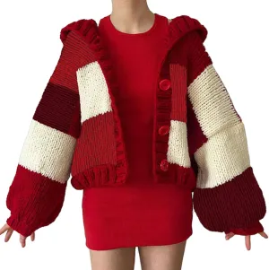 HOULENGS Women's Vintage Plaid Pattern Lantern Long Sleeve Cardigan Sweater Button Down Hooded Chunky Knit Sweater Coat