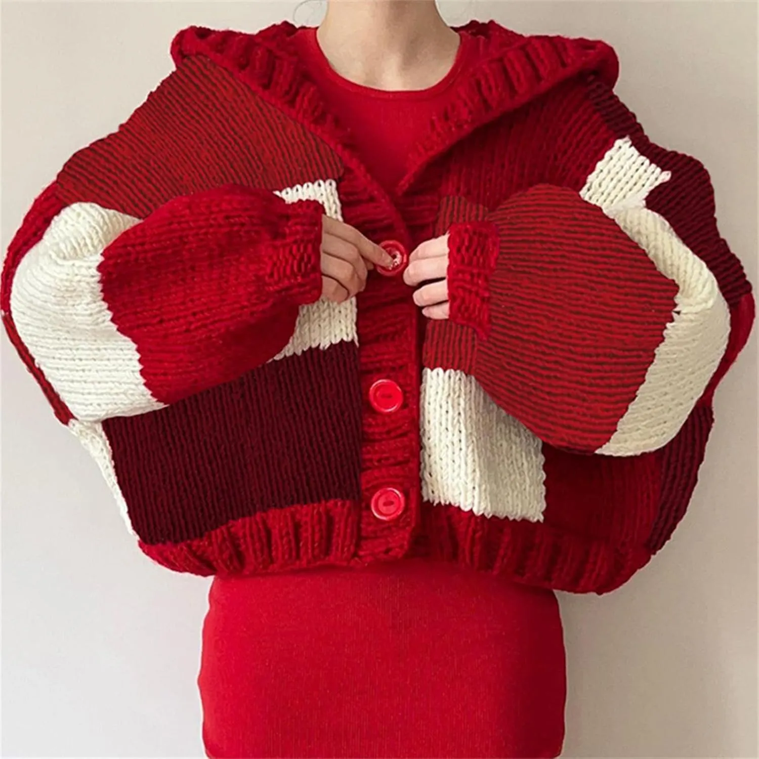 HOULENGS Women's Vintage Plaid Pattern Lantern Long Sleeve Cardigan Sweater Button Down Hooded Chunky Knit Sweater Coat