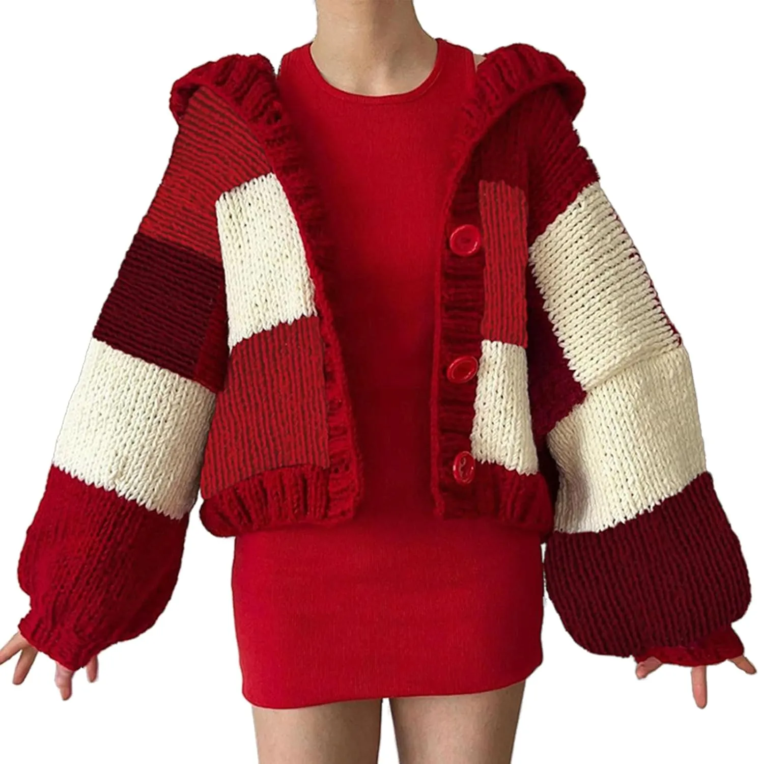 HOULENGS Women's Vintage Plaid Pattern Lantern Long Sleeve Cardigan Sweater Button Down Hooded Chunky Knit Sweater Coat