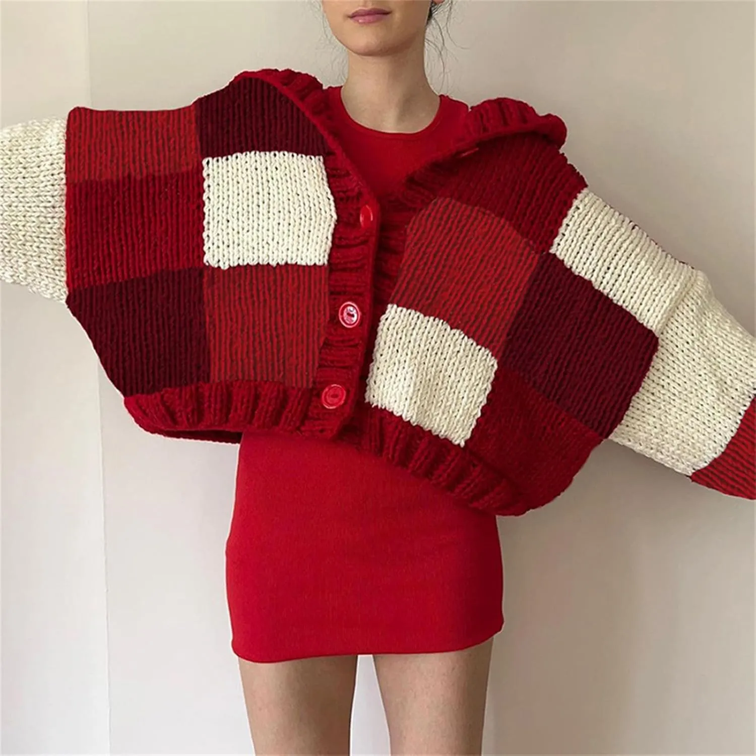 HOULENGS Women's Vintage Plaid Pattern Lantern Long Sleeve Cardigan Sweater Button Down Hooded Chunky Knit Sweater Coat