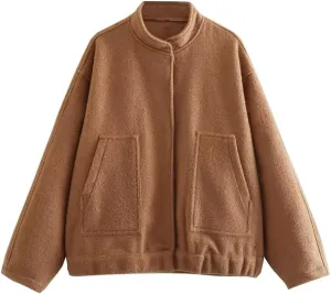HOULENGS Women's Wool Blend Long Sleeve Shacket Coat Button Stand Collar Varsity Jacket with Pockets