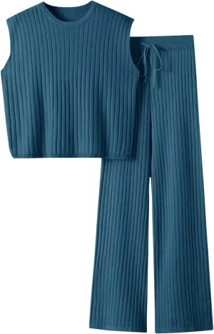 Imily Bela Womens 2 Piece Outfits Sweater Sets Knit Summer Casual Crewneck Sleeveless Tops Wide Leg Pants Tracksuits
