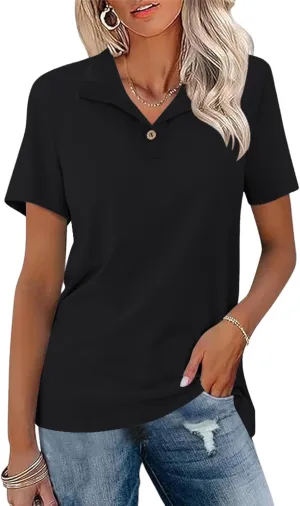 Ivicoer Womens V Neck Short Sleeve Polo Shirts Button Down Collared Tops Work Tunic Blouses Business Casual
