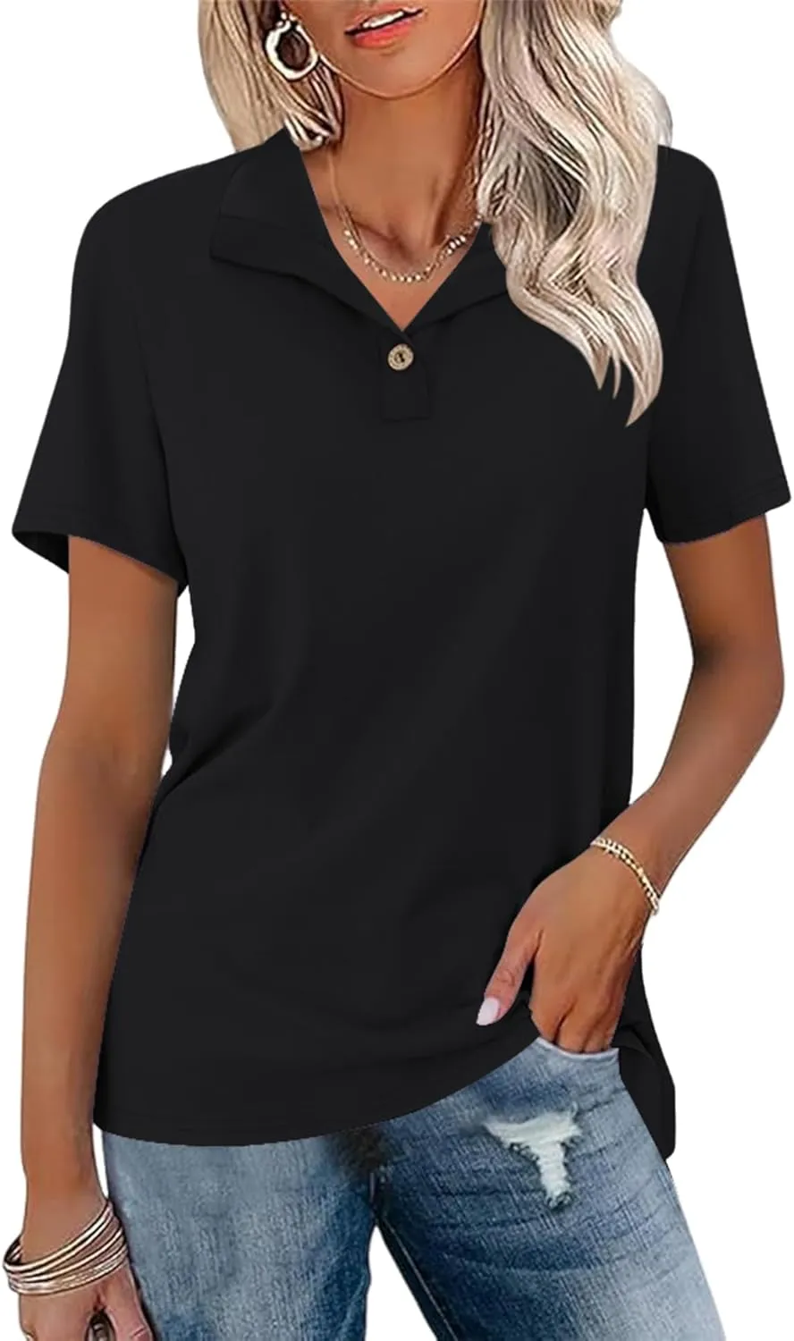 Ivicoer Womens V Neck Short Sleeve Polo Shirts Button Down Collared Tops Work Tunic Blouses Business Casual