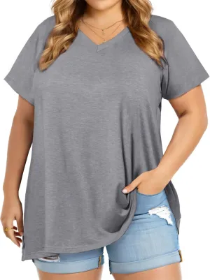 JOELLYUS Plus Size Tops for Women Summer Top Loose Fit Tee Shirts V Neck Short Sleeve Blouse