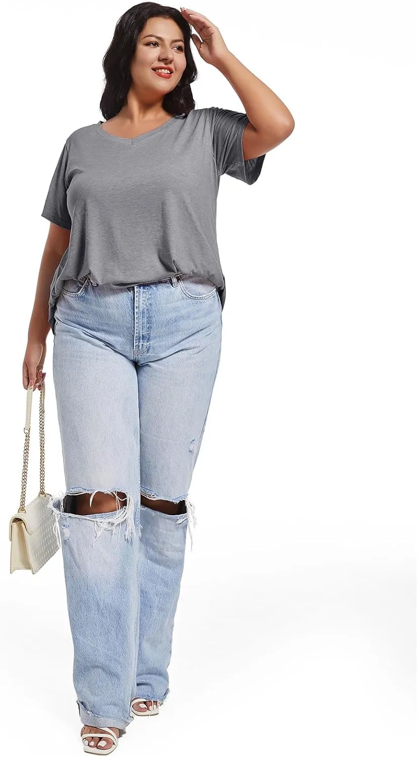 JOELLYUS Plus Size Tops for Women Summer Top Loose Fit Tee Shirts V Neck Short Sleeve Blouse