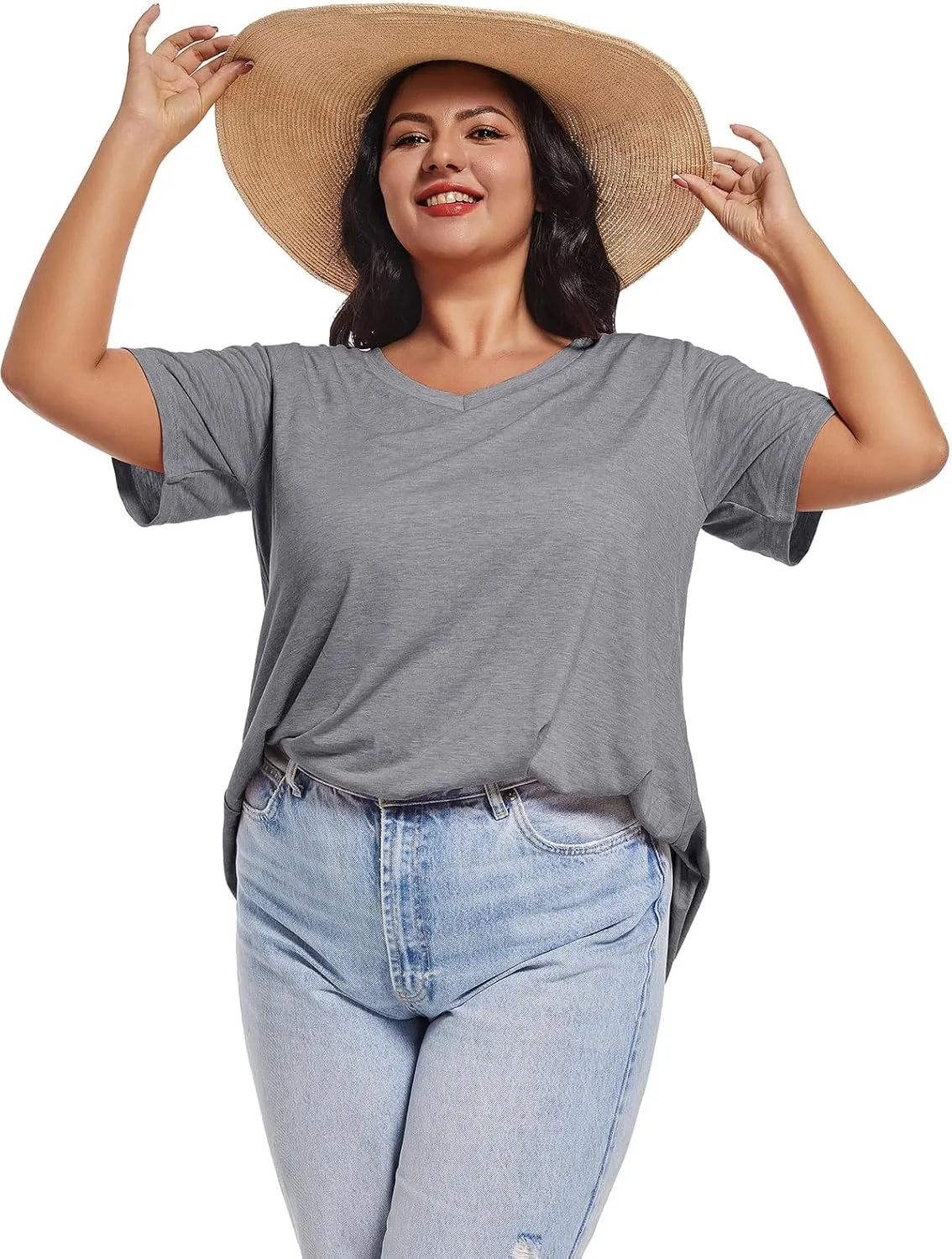 JOELLYUS Plus Size Tops for Women Summer Top Loose Fit Tee Shirts V Neck Short Sleeve Blouse