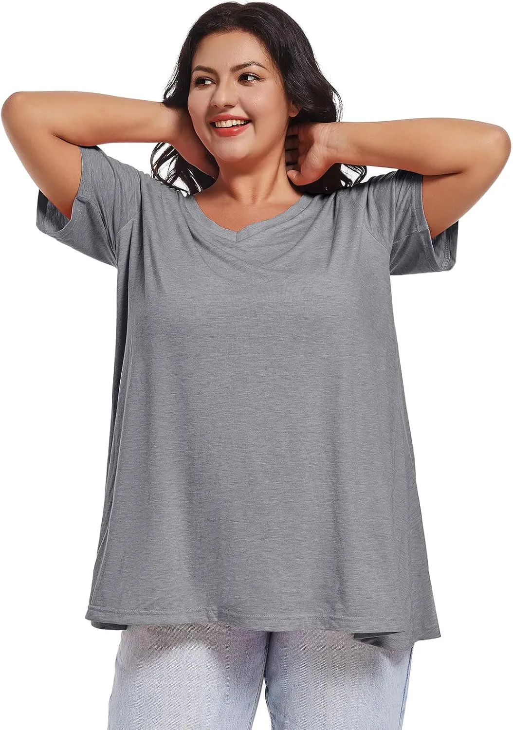 JOELLYUS Plus Size Tops for Women Summer Top Loose Fit Tee Shirts V Neck Short Sleeve Blouse