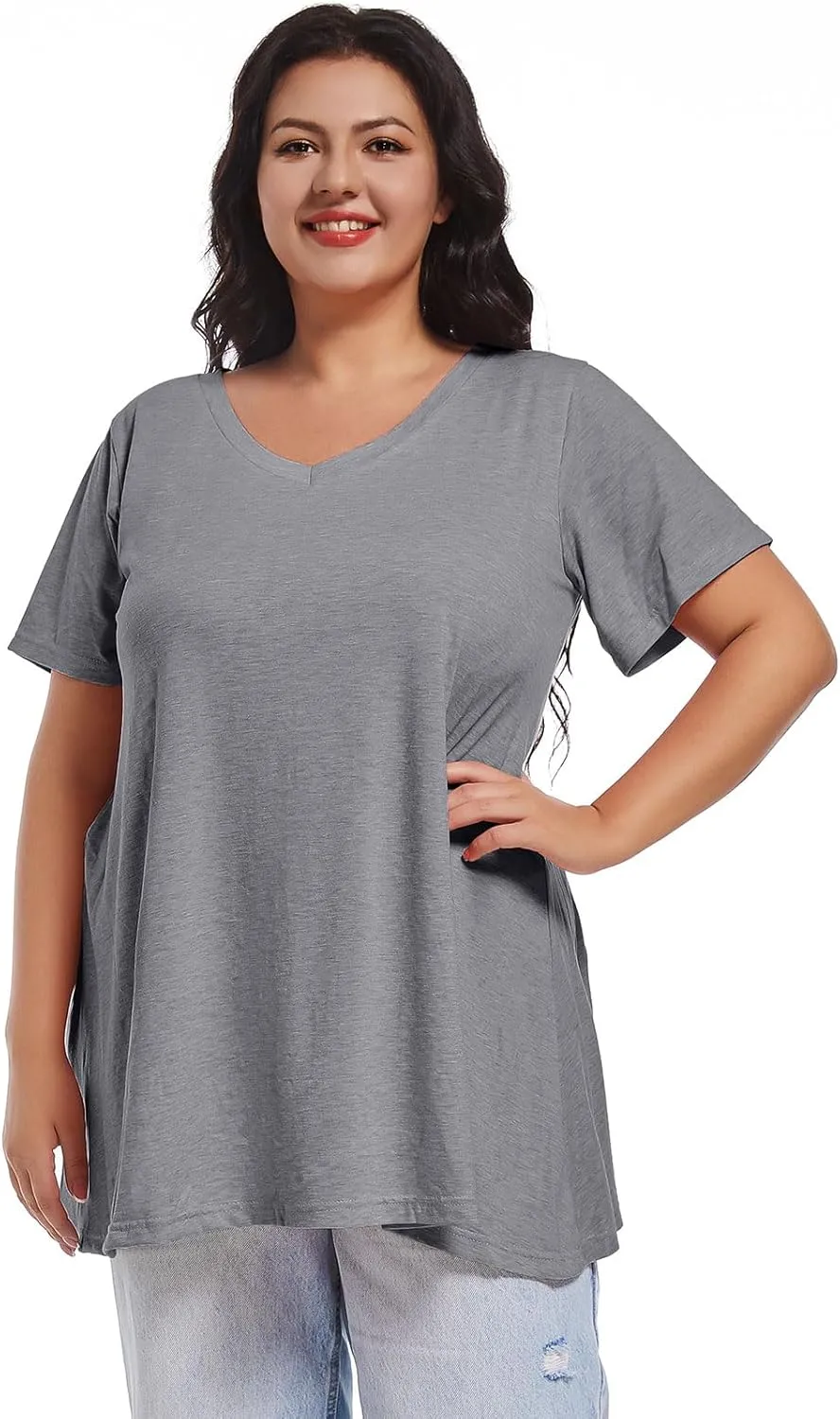 JOELLYUS Plus Size Tops for Women Summer Top Loose Fit Tee Shirts V Neck Short Sleeve Blouse