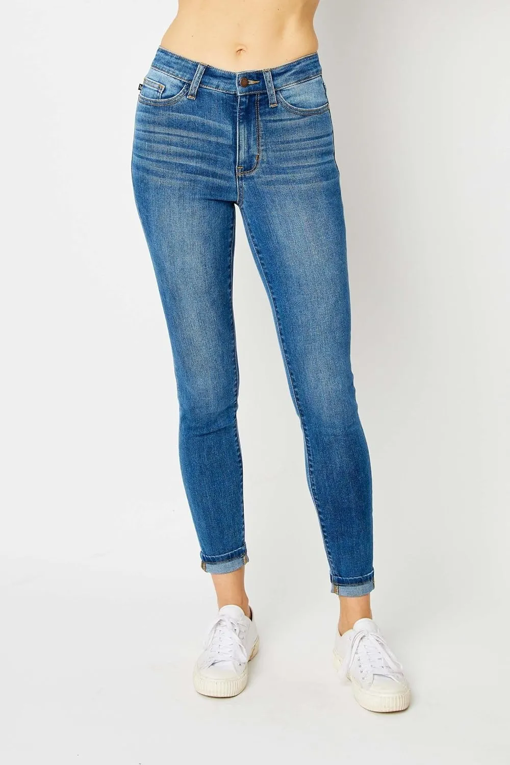 Judy Blue High Waist Cuffed Hem Skinny Jeans - Stretch Denim Comfort Fit 82449-