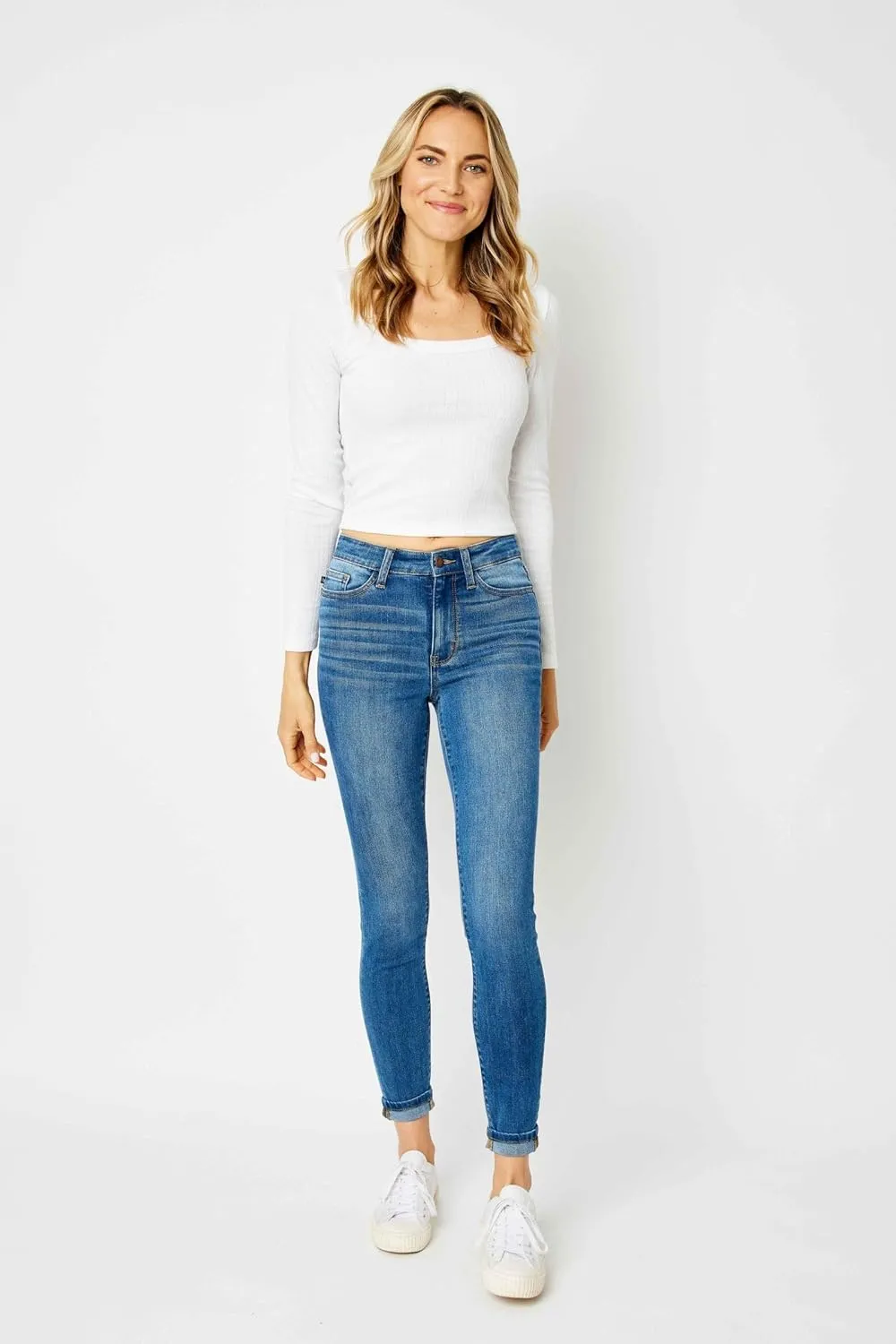 Judy Blue High Waist Cuffed Hem Skinny Jeans - Stretch Denim Comfort Fit 82449-