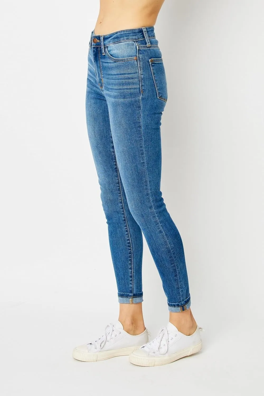 Judy Blue High Waist Cuffed Hem Skinny Jeans - Stretch Denim Comfort Fit 82449-