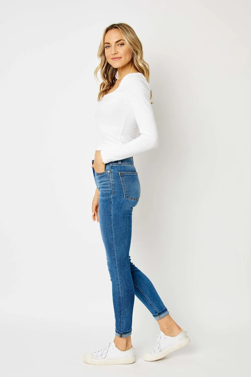 Judy Blue High Waist Cuffed Hem Skinny Jeans - Stretch Denim Comfort Fit 82449-