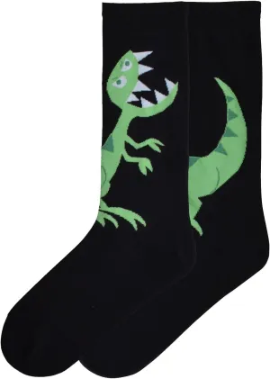 K. Bell Men's Retun of The Dinos Novelty Crew Socks, Cartoon Rex (Black), Shoe Size: 6-12