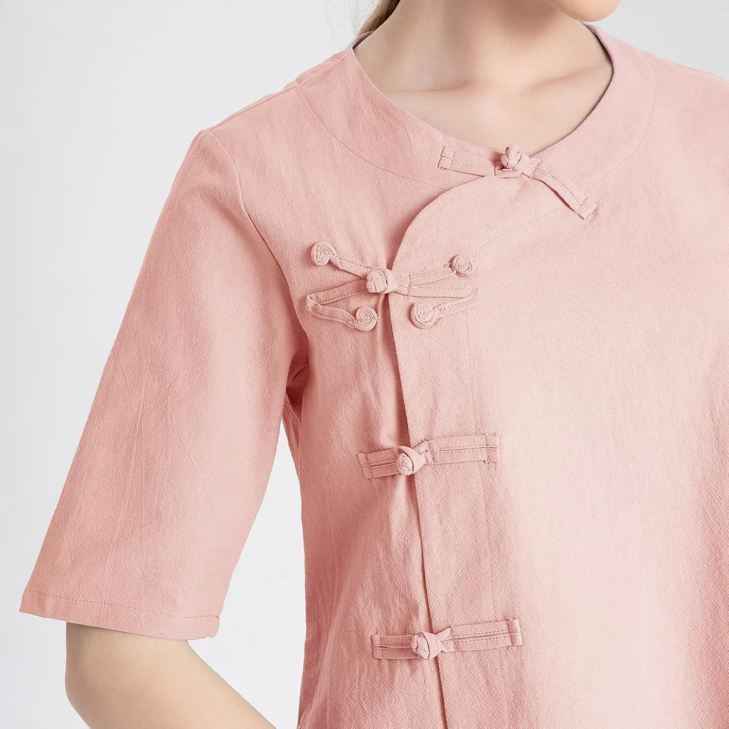 Kedera Women's Loose Cotton Linen Blouse Round Neck with Chinese Frog Button Tops