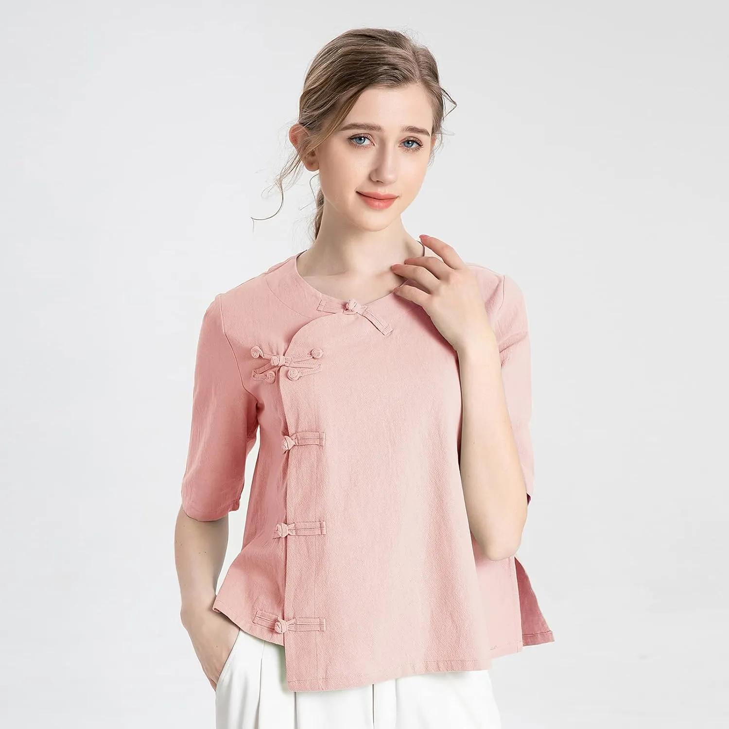 Kedera Women's Loose Cotton Linen Blouse Round Neck with Chinese Frog Button Tops