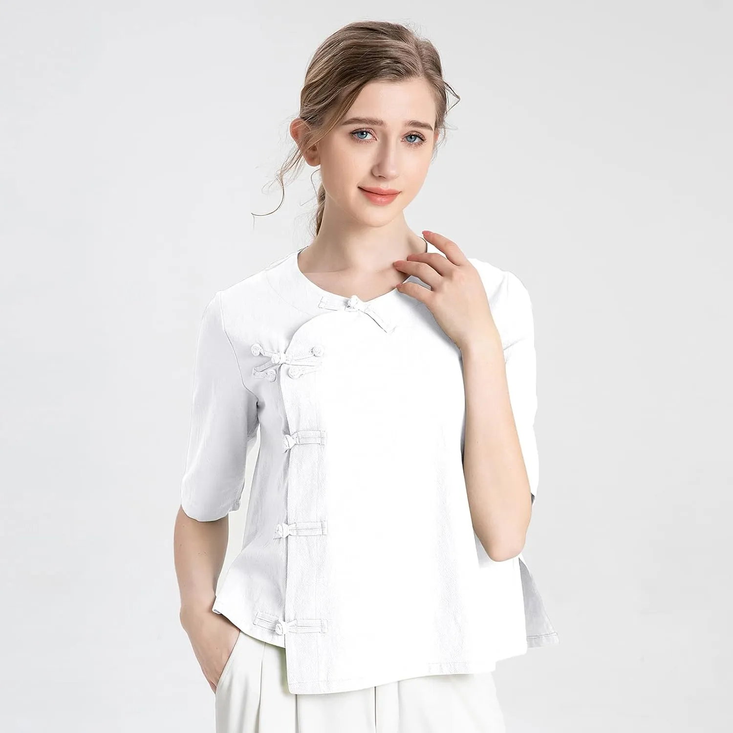 Kedera Women's Loose Cotton Linen Blouse Round Neck with Chinese Frog Button Tops