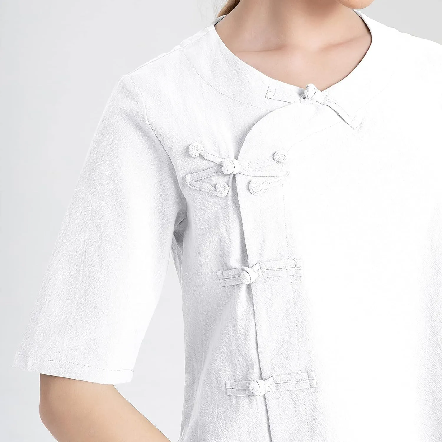 Kedera Women's Loose Cotton Linen Blouse Round Neck with Chinese Frog Button Tops