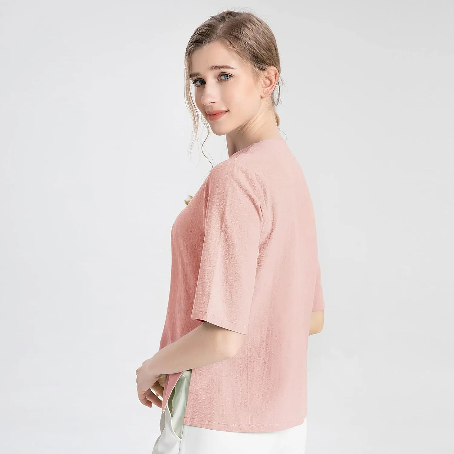 Kedera Women's Loose Cotton Linen Blouse Round Neck with Chinese Frog Button Tops