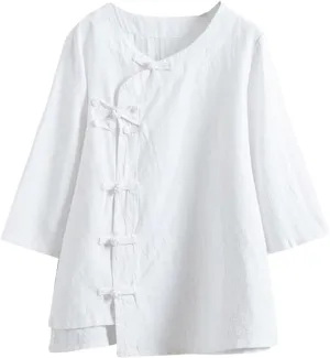 Kedera Women's Loose Cotton Linen Blouse Round Neck with Chinese Frog Button Tops